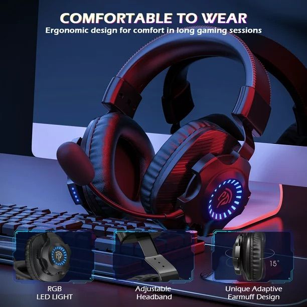 EasySMX 2.4G Wireless Gaming Headset For PC/ MAC/ PS4/ PS5 Over-Ear Gaming Headphones With 7.1 Surround Deep Bass Detachable Noise Cancellation Microphone RGB Gradient Lighting Memory Foam , Black