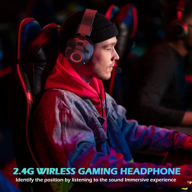 EasySMX 2.4G Wireless Gaming Headset For PC/ MAC/ PS4/ PS5 Over-Ear Gaming Headphones With 7.1 Surround Deep Bass Detachable Noise Cancellation Microphone RGB Gradient Lighting Memory Foam , Black