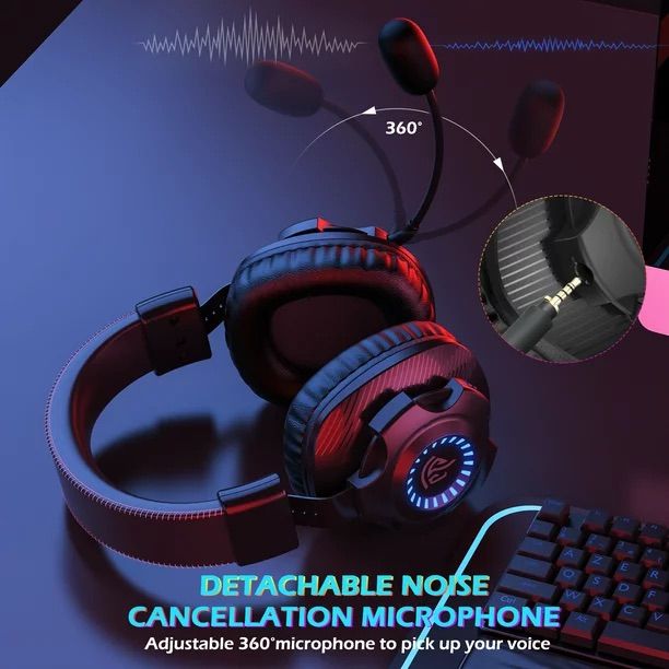 EasySMX 2.4G Wireless Gaming Headset For PC/ MAC/ PS4/ PS5 Over-Ear Gaming Headphones With 7.1 Surround Deep Bass Detachable Noise Cancellation Microphone RGB Gradient Lighting Memory Foam , Black