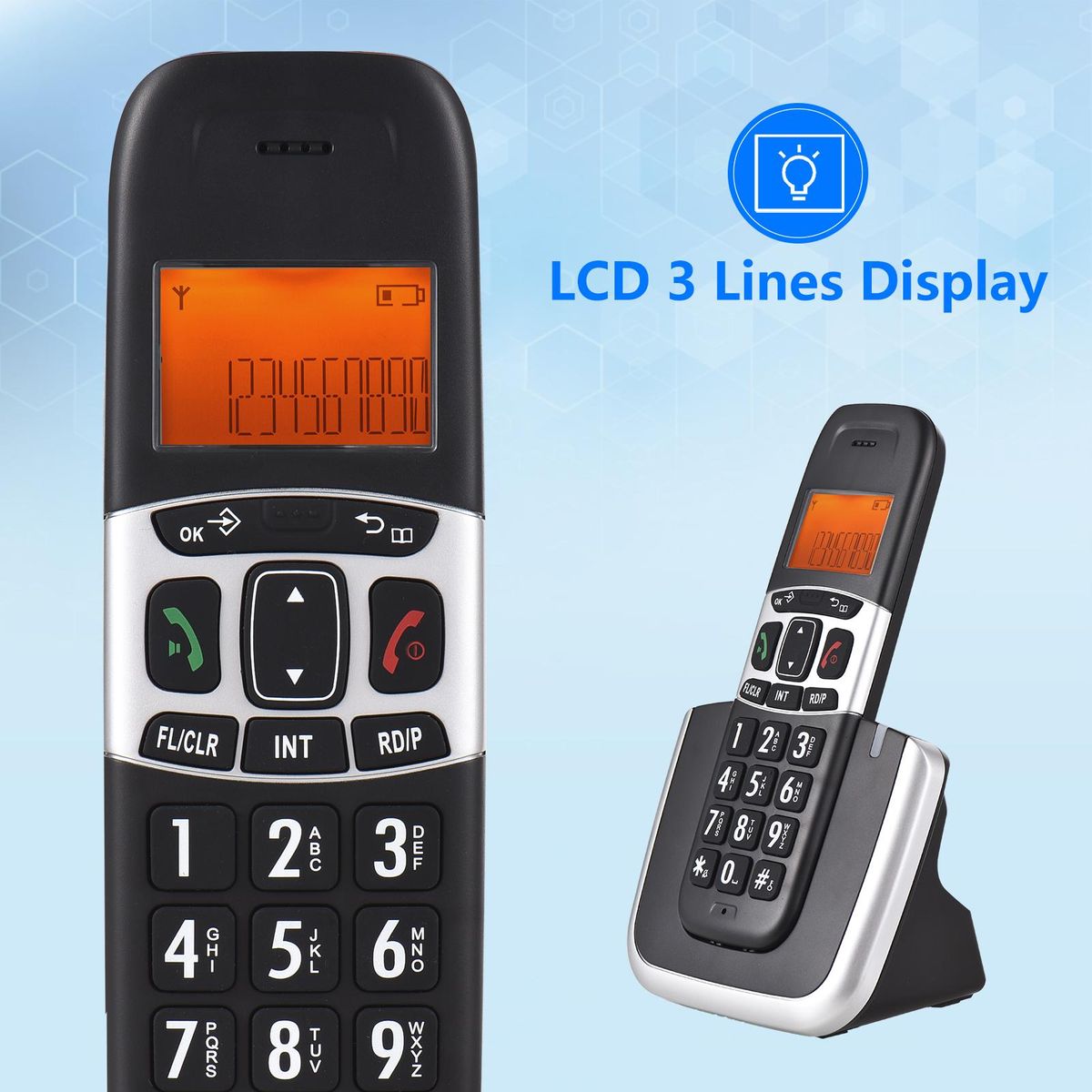 Bisofice Expandable Cordless Phone System with 3 Lines Display Support 5 Handsets Connection Call Block Hands-free Calls Intercom Conference Call Mute Function 16 Languages for Office Business Home Family