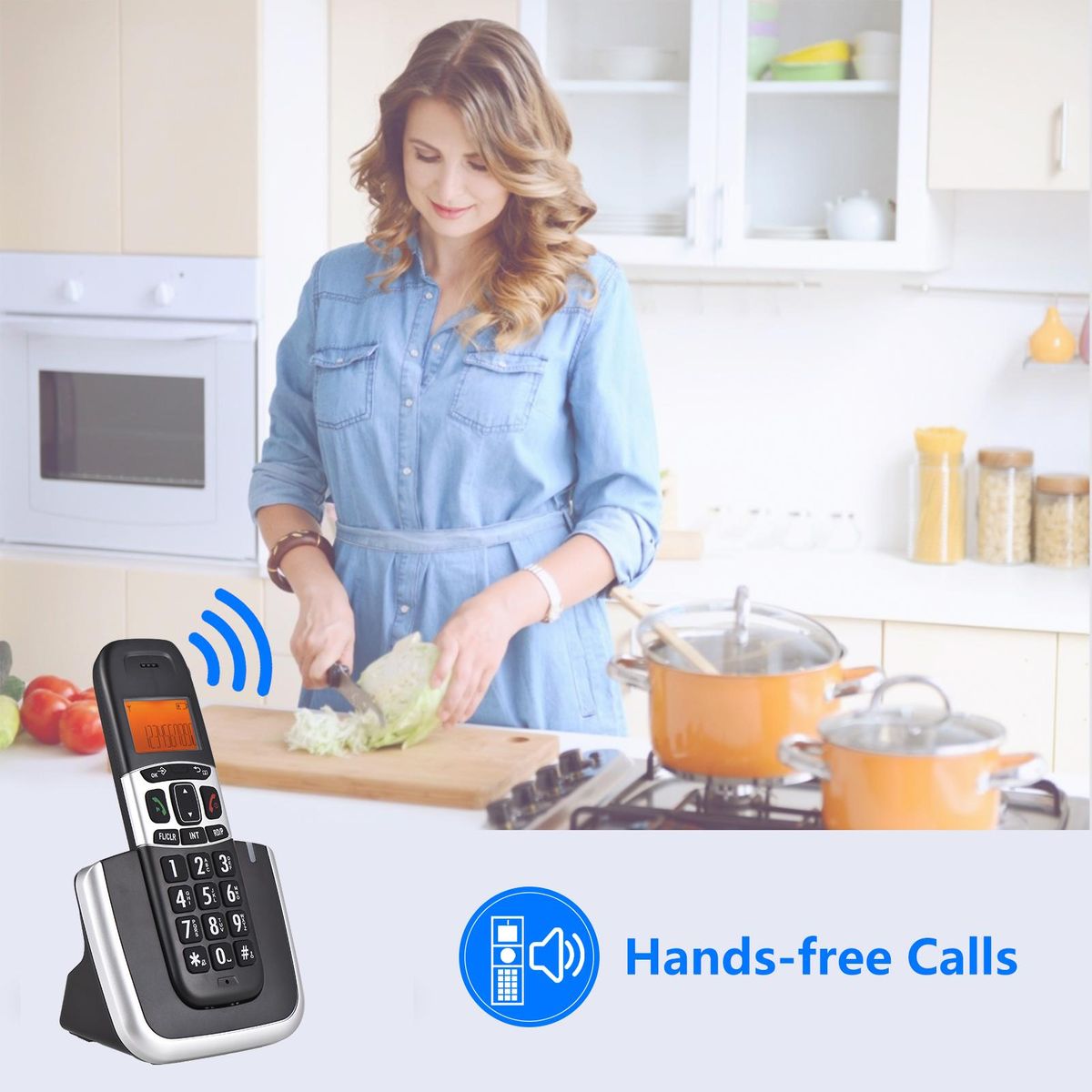 Bisofice Expandable Cordless Phone System with 3 Lines Display Support 5 Handsets Connection Call Block Hands-free Calls Intercom Conference Call Mute Function 16 Languages for Office Business Home Family