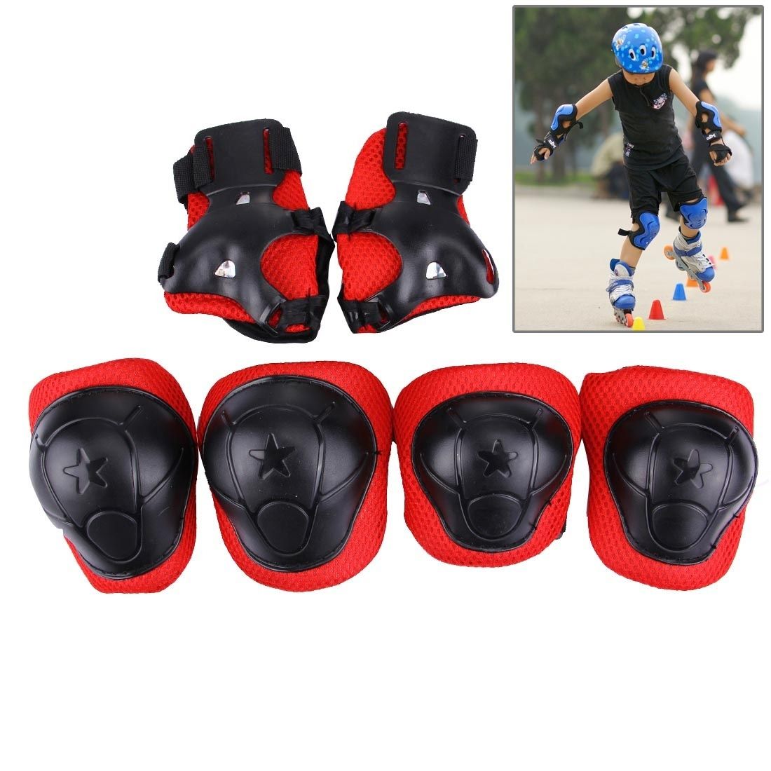 6 In 1 Roller Skate Knee & Elbow & Wrist Pads Protective Gear Sets(Black)