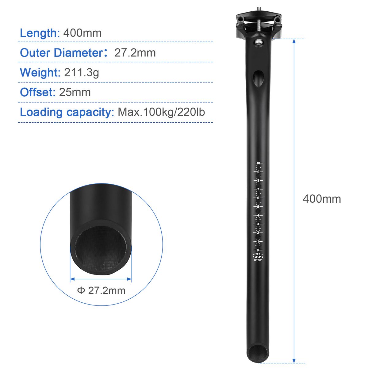 Bicycle Carbon Fiber Seat Post 27.2mm 400mm Cycling Seatpost