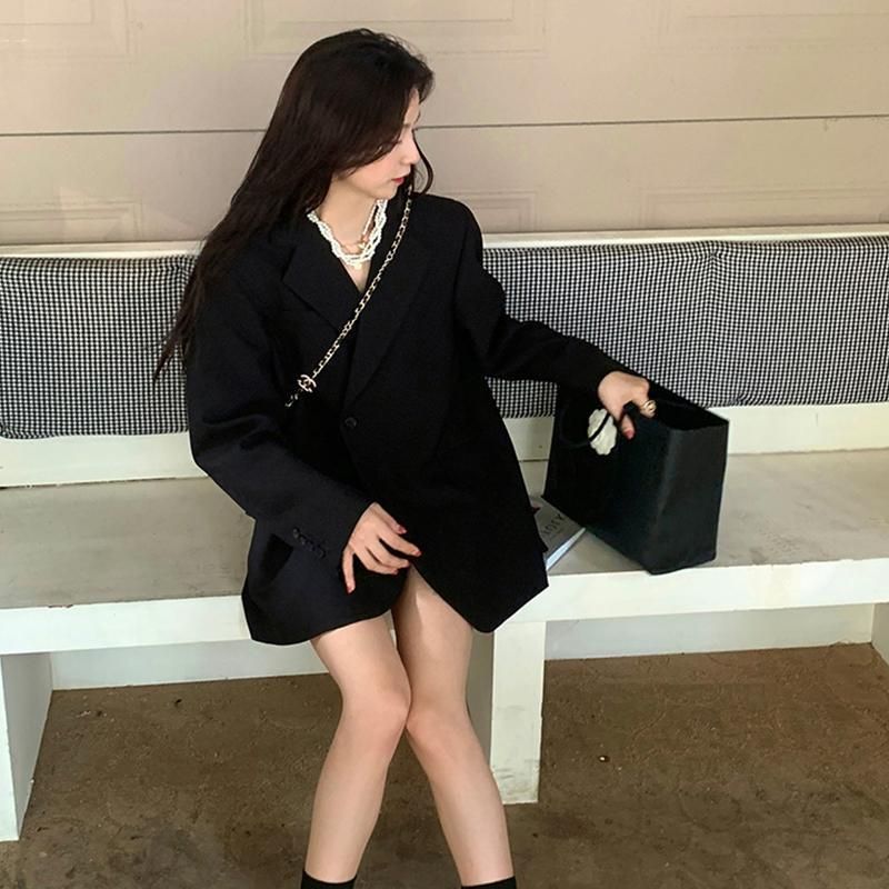 Women's Korean-Style High-Grade Elegant Loose Casual Long Sleeves Lapel Profile Black Mid-Length Suit Jacket