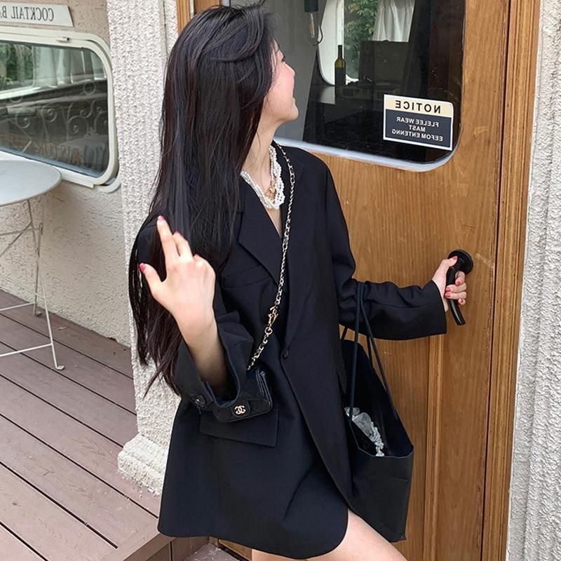 Women's Korean-Style High-Grade Elegant Loose Casual Long Sleeves Lapel Profile Black Mid-Length Suit Jacket
