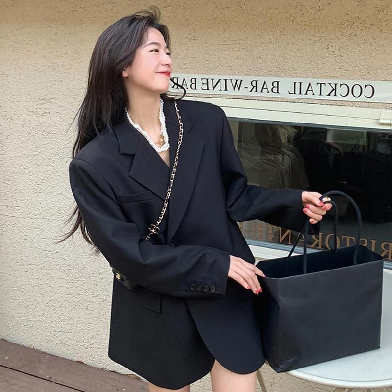 Women's Korean-Style High-Grade Elegant Loose Casual Long Sleeves Lapel Profile Black Mid-Length Suit Jacket