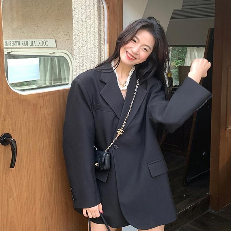 Women's Korean-Style High-Grade Elegant Loose Casual Long Sleeves Lapel Profile Black Mid-Length Suit Jacket