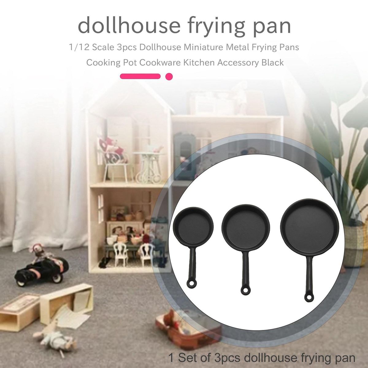 1/12 Scale 3pcs Miniature Frying Pans Cooking Pot Black