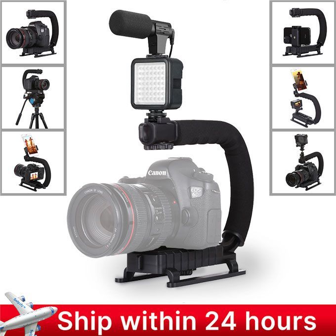 Camera Gimbal Stabilizer With LED Studio Video Light&Microphone For DSLR Vlog Shooting