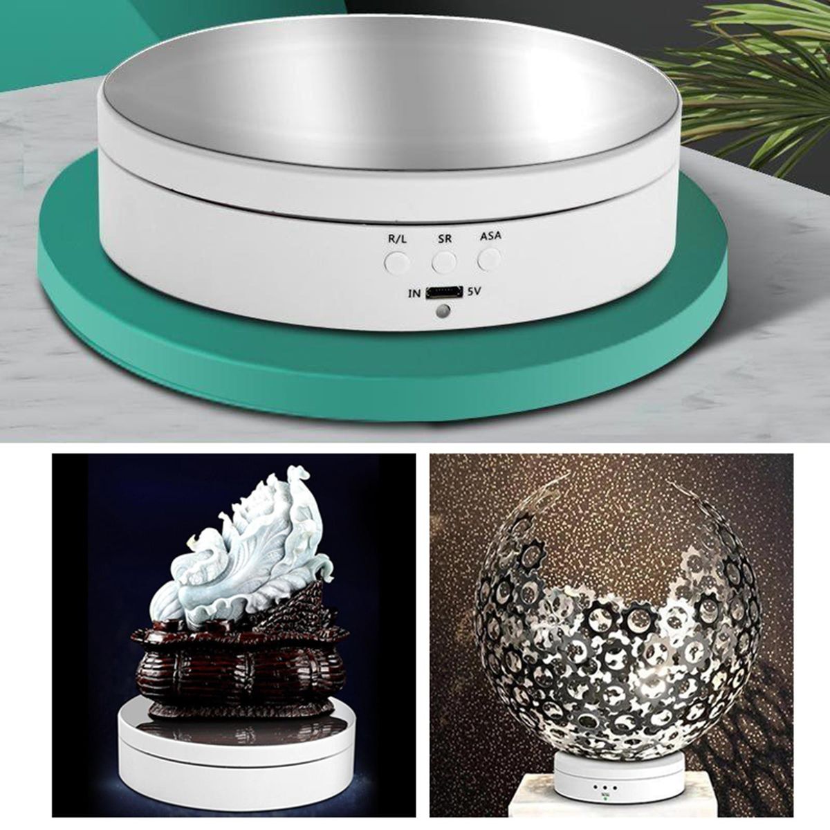Round Electric 360° Rotating Display Stand Mirrored White