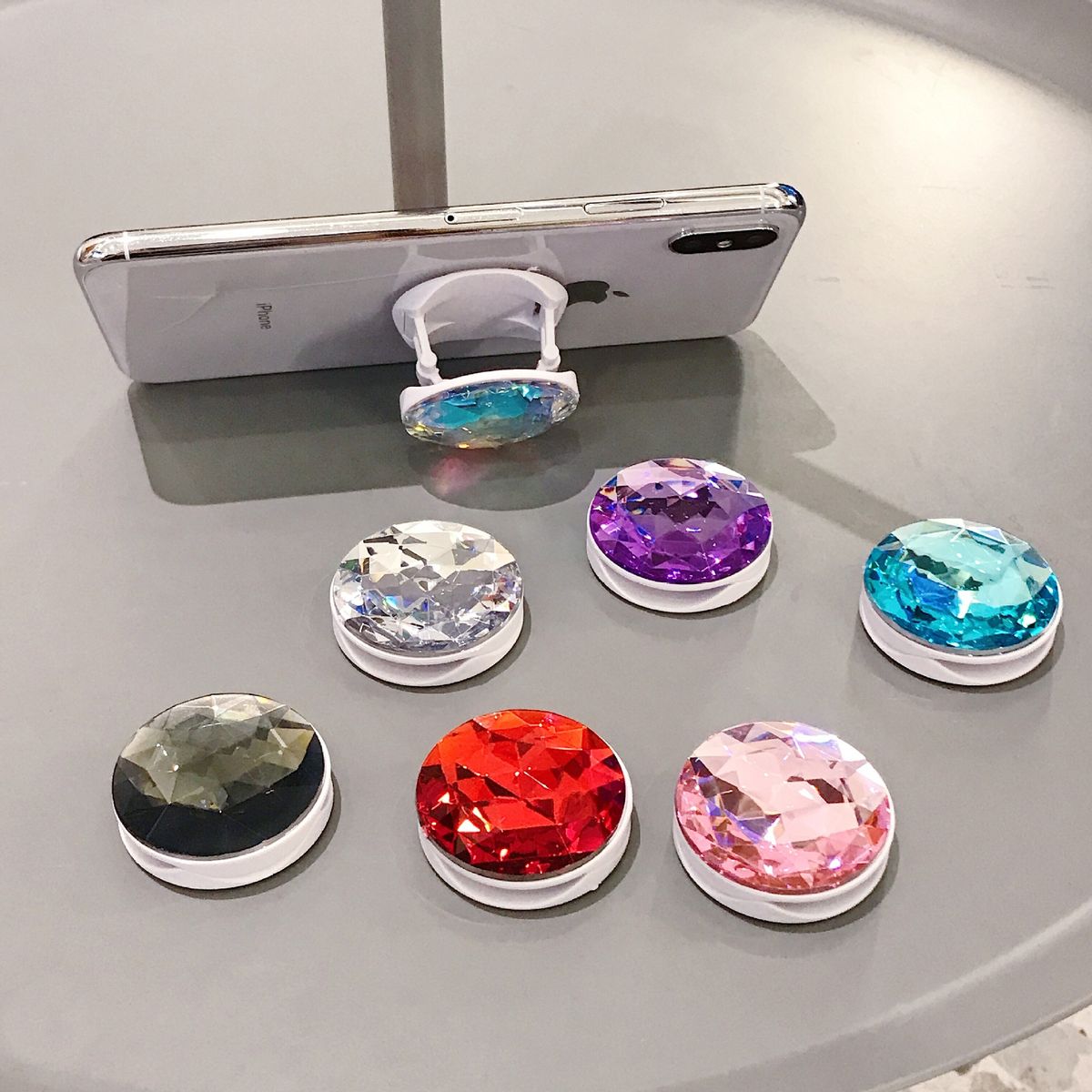 1pcs Colorful 3D Gem Popular Round Mobile Phone Folding Stretch Bracket Phone Holder Case Finger Holder Mobile Phone Stand(#Black)
