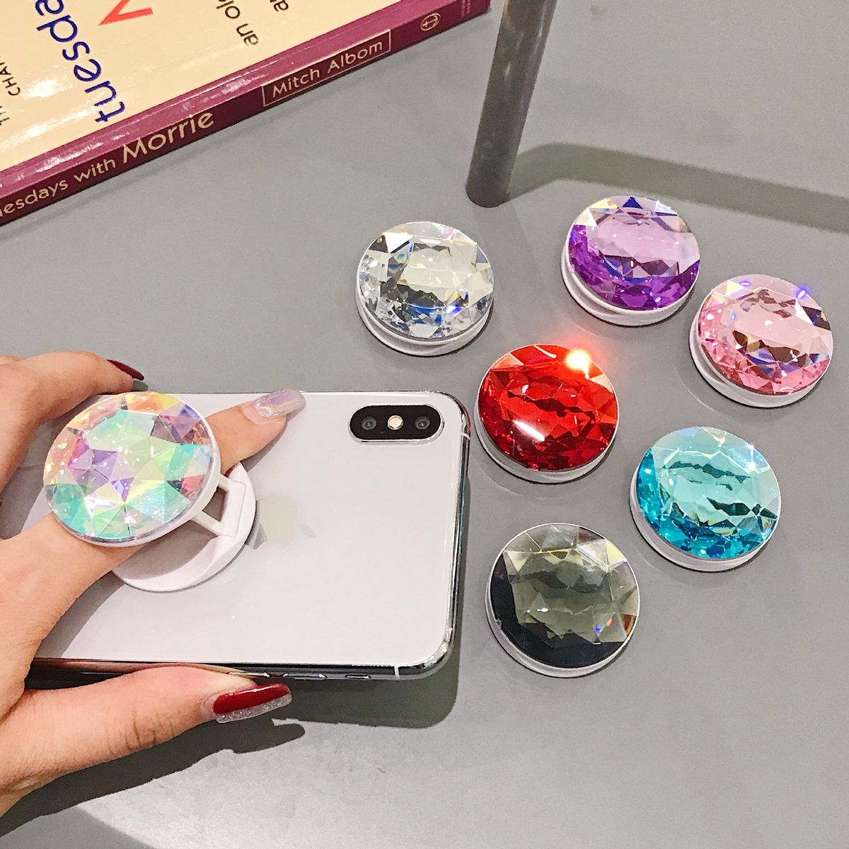 1pcs Colorful 3D Gem Popular Round Mobile Phone Folding Stretch Bracket Phone Holder Case Finger Holder Mobile Phone Stand(#Black)