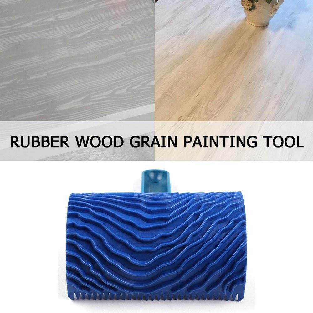 Blue Wood Grain Rubber Paint Roller DIY Painting Grain Tool Wood Grain Pattern Paint Roller with Handle