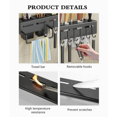 Wall Mounted Knife Cutlery Holder Kitchen Rack With Hooks