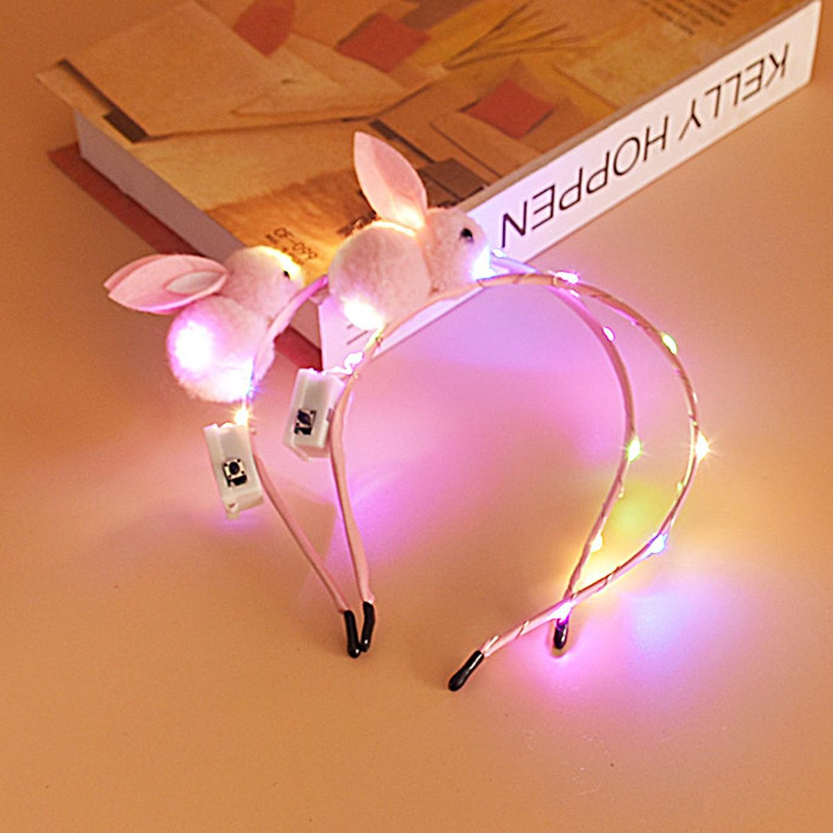 Girls Headband Lovely Plush Bunny Decor LED Glowing Headband Pink