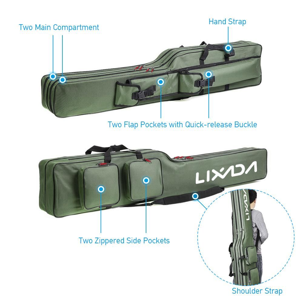 Lixada Two Layer Fishing Bag 130cm Fishing Rod Reel Bag Fishing Pole Gear Tackle Tool Carry Case Carrier Travel Bag Storage Bag Organizer Fishing Cover Bag