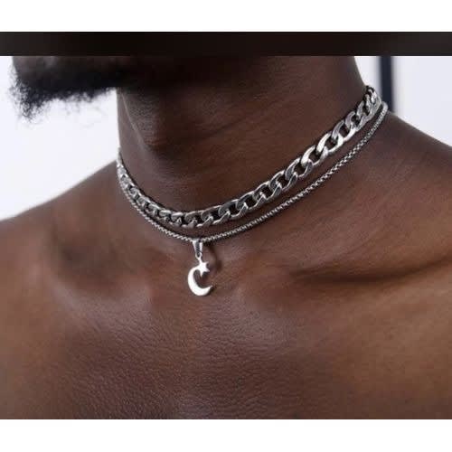 Cuban Link Chain With Moon And Star Pendant