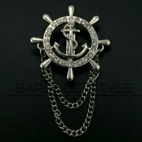 Lapel Pin Rudder Anchor Brooch With Chain Tassel - Silver