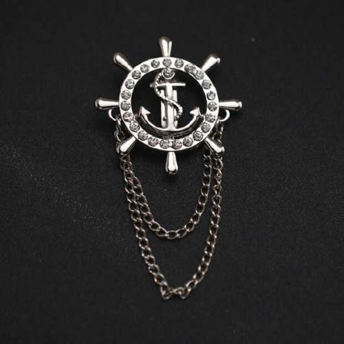 Lapel Pin Rudder Anchor Brooch With Chain Tassel - Silver