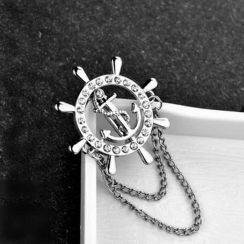 Lapel Pin Rudder Anchor Brooch With Chain Tassel - Silver