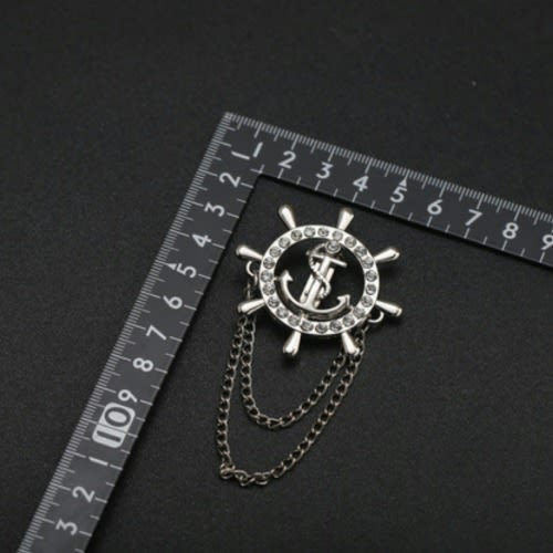 Lapel Pin Rudder Anchor Brooch With Chain Tassel - Silver