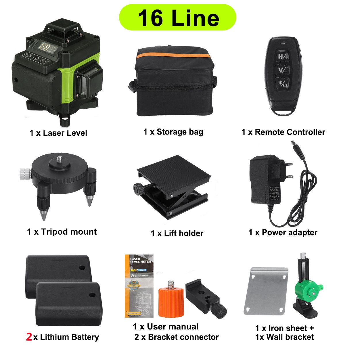 16 Lines 4D Laser Level, Green Laser Line, Self Leveling, Horizontal Lines &360 Degree Vertical Cross With 2xBattery For Outdoor-2 Battery Green
