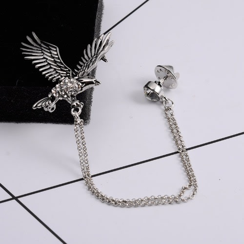 Men's Eagle Brooch Pin Suit Lapel With Chain And Diamond Stud - Silver.