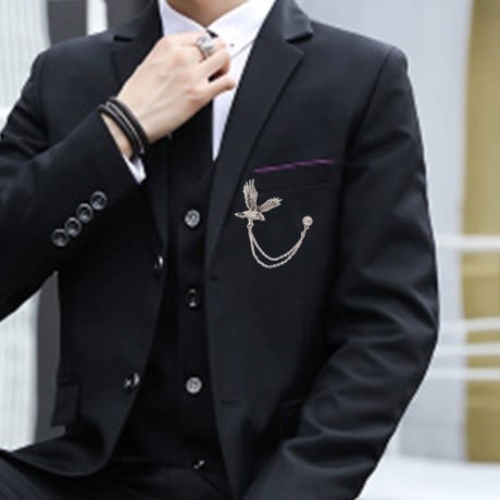 Men's Eagle Brooch Pin Suit Lapel With Chain And Diamond Stud - Silver.