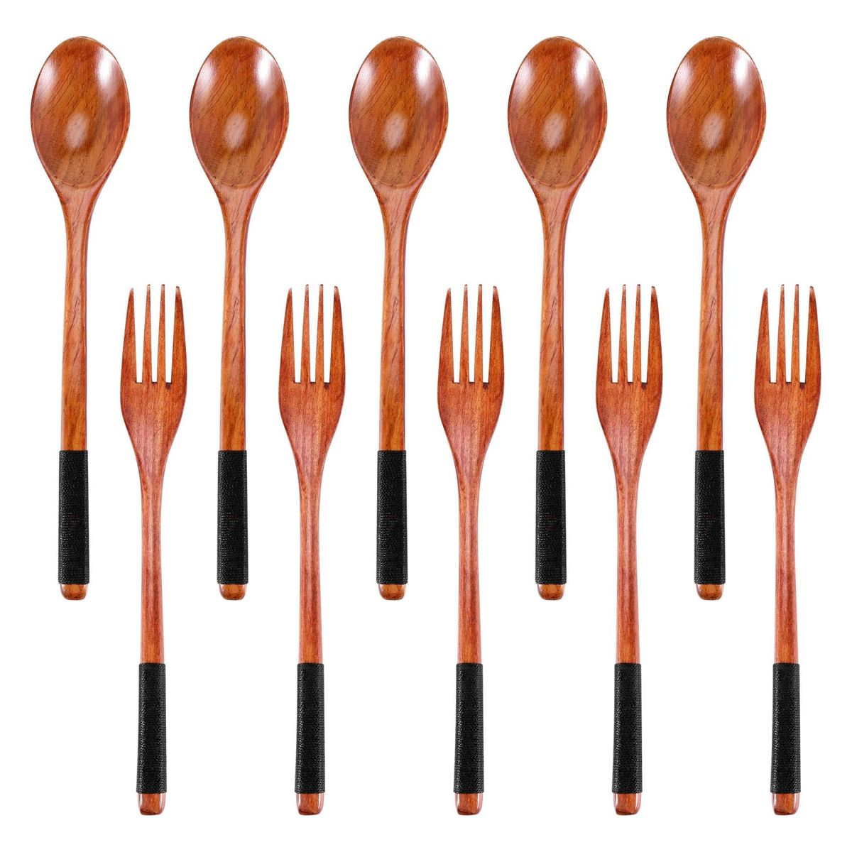 Wooden Spoons Forks Set Japanese Style Wooden Utensils Set for Eating Wood Flatware Set Reusable  Black Cords,10 Pieces