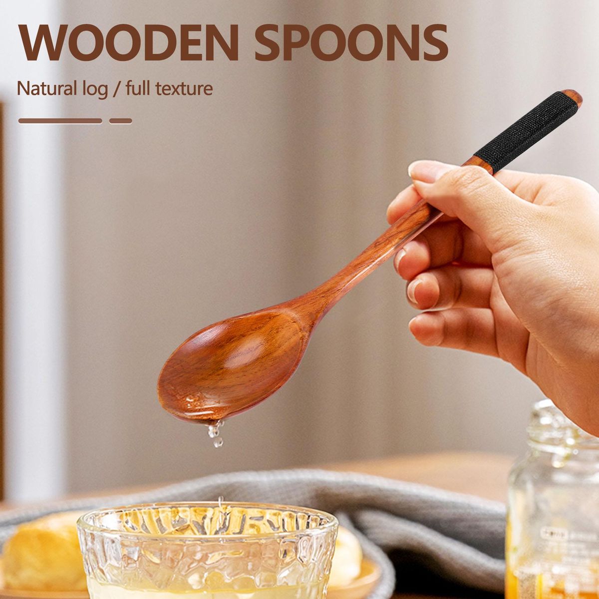 Wooden Spoons Forks Set Japanese Style Wooden Utensils Set for Eating Wood Flatware Set Reusable  Black Cords,10 Pieces