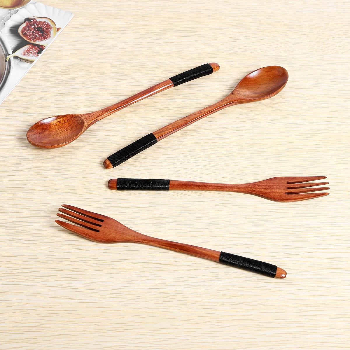 Wooden Spoons Forks Set Japanese Style Wooden Utensils Set for Eating Wood Flatware Set Reusable  Black Cords,10 Pieces