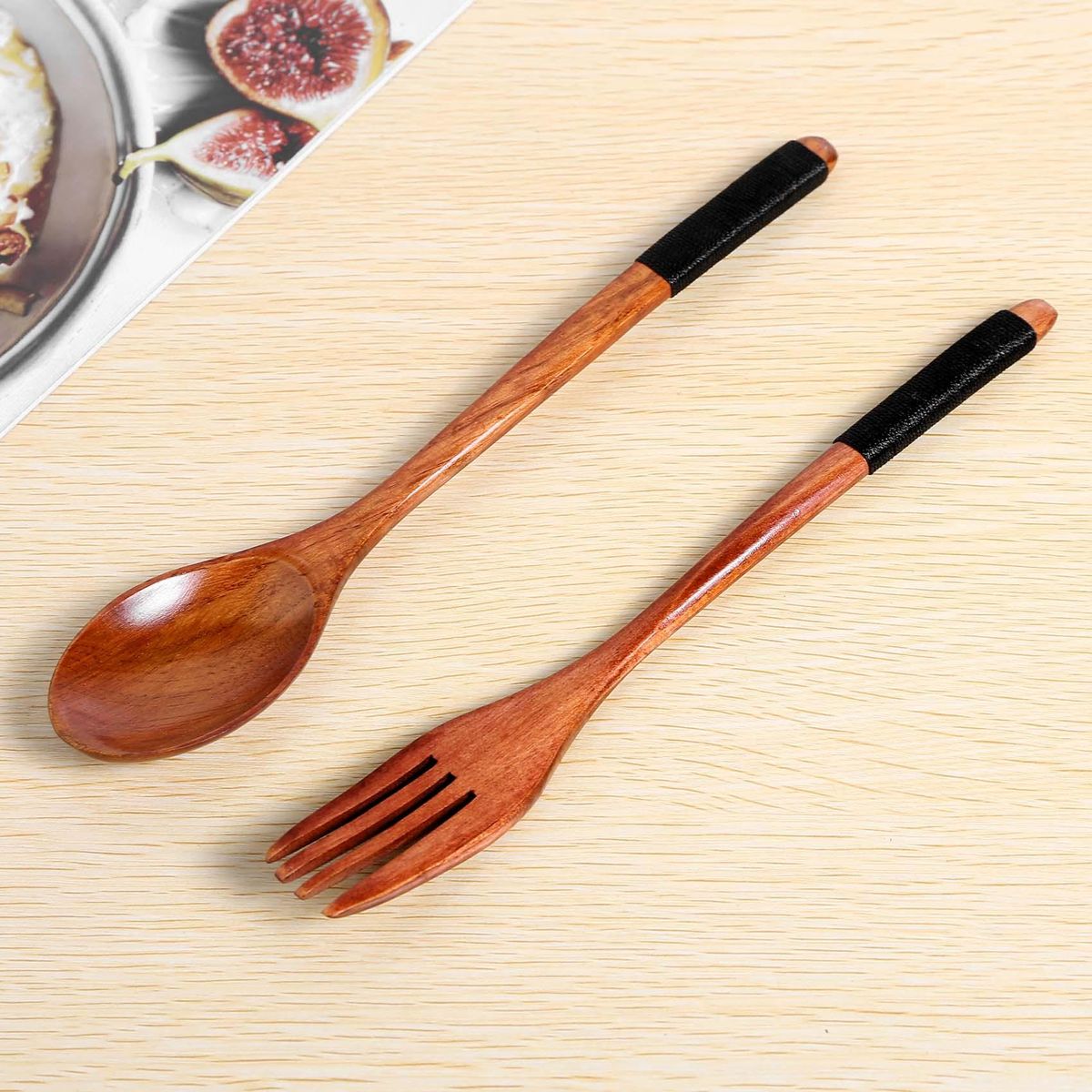 Wooden Spoons Forks Set Japanese Style Wooden Utensils Set for Eating Wood Flatware Set Reusable  Black Cords,10 Pieces