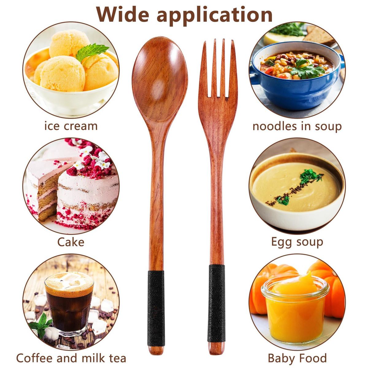 Wooden Spoons Forks Set Japanese Style Wooden Utensils Set for Eating Wood Flatware Set Reusable  Black Cords,10 Pieces