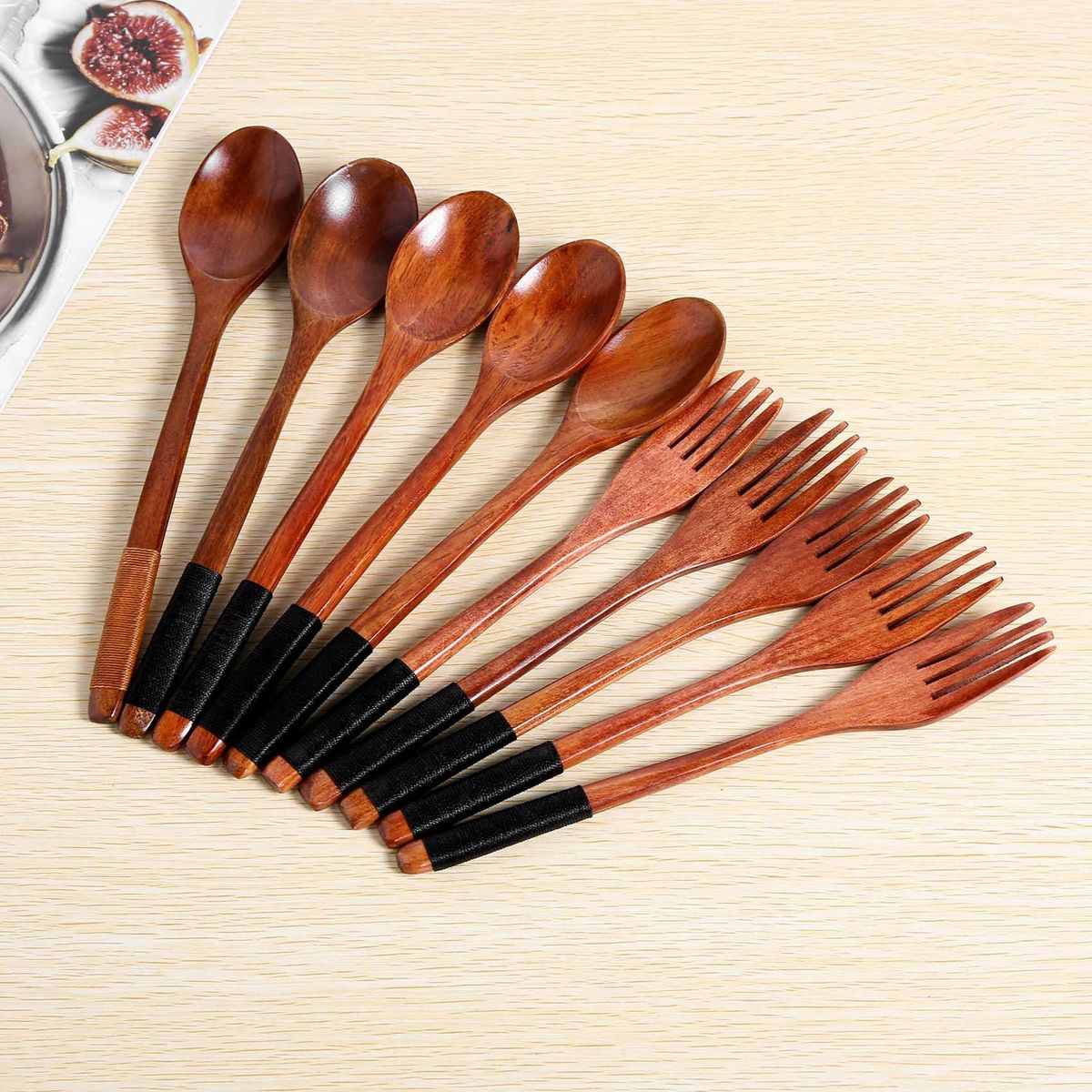 Wooden Spoons Forks Set Japanese Style Wooden Utensils Set for Eating Wood Flatware Set Reusable  Black Cords,10 Pieces