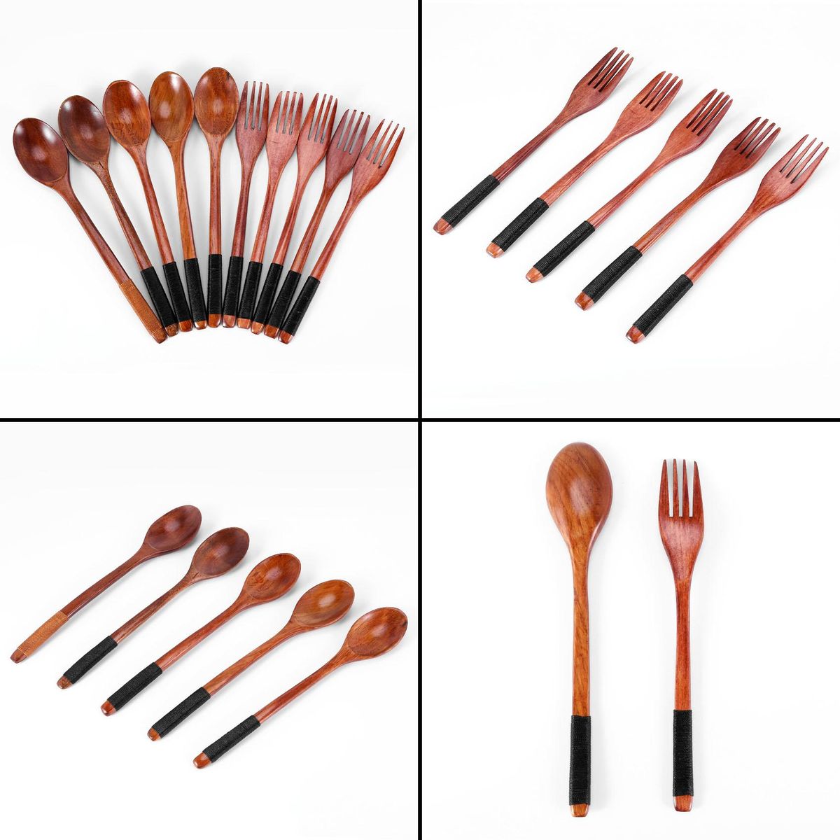 Wooden Spoons Forks Set Japanese Style Wooden Utensils Set for Eating Wood Flatware Set Reusable  Black Cords,10 Pieces