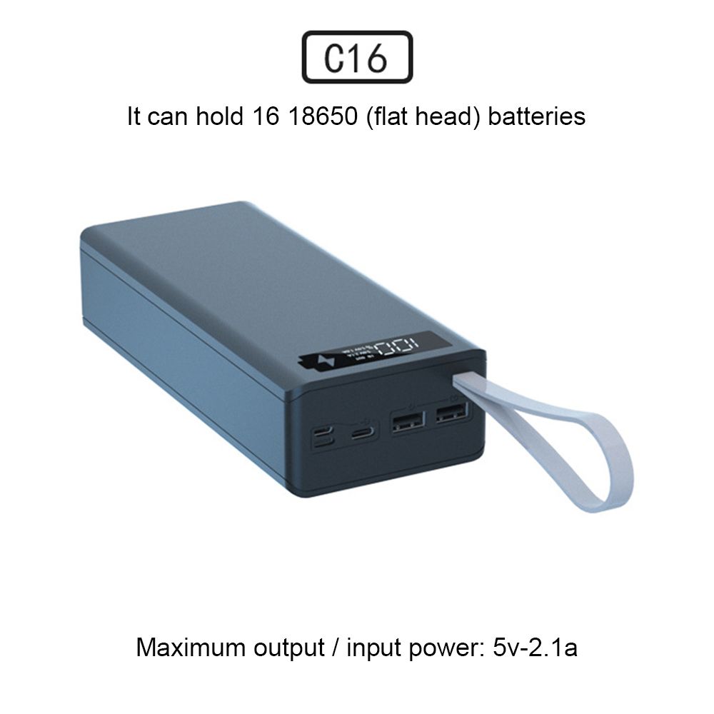 16*18650 Battery Storage Box PD QC3.0 USB 10W Fast Wireless Charging Power Welding Free Bank Case 18650 Battery Holder Box-Normal Black