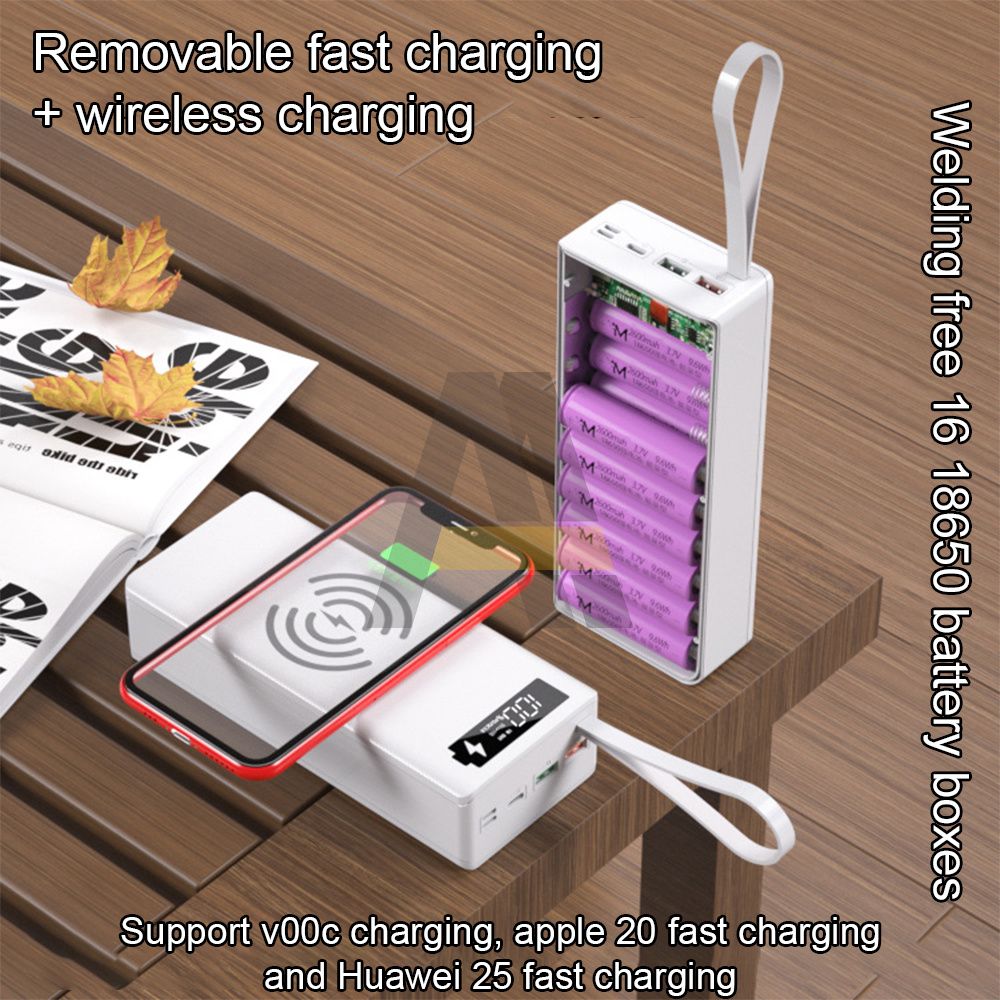 16*18650 Battery Storage Box PD QC3.0 USB 10W Fast Wireless Charging Power Welding Free Bank Case 18650 Battery Holder Box-Normal Black