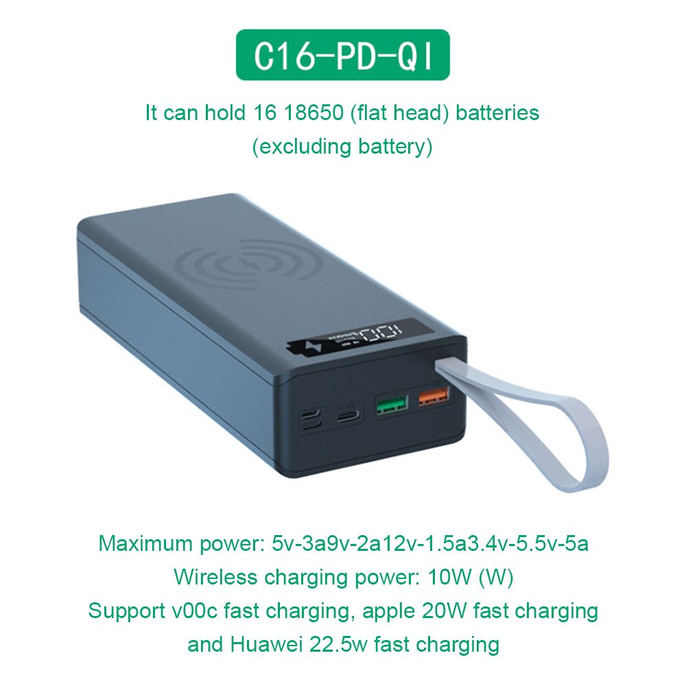 16*18650 Battery Storage Box PD QC3.0 USB 10W Fast Wireless Charging Power Welding Free Bank Case 18650 Battery Holder Box-Quick Wireless Black
