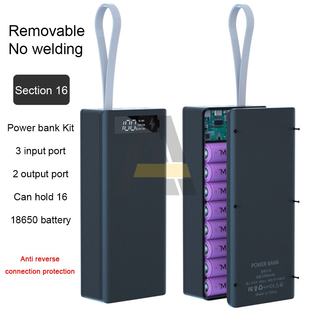 16*18650 Battery Storage Box PD QC3.0 USB 10W Fast Wireless Charging Power Welding Free Bank Case 18650 Battery Holder Box-Quick Wireless Black