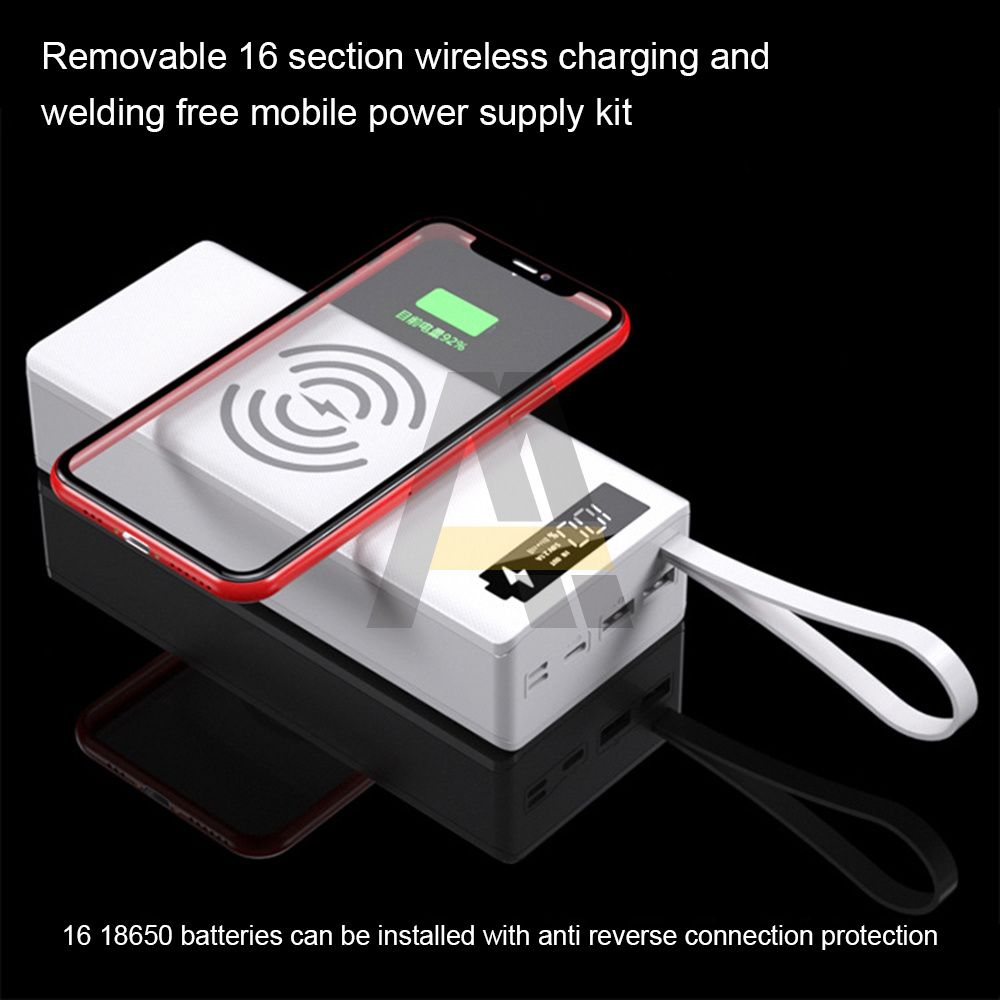 16*18650 Battery Storage Box PD QC3.0 USB 10W Fast Wireless Charging Power Welding Free Bank Case 18650 Battery Holder Box-Quick Wireless Black