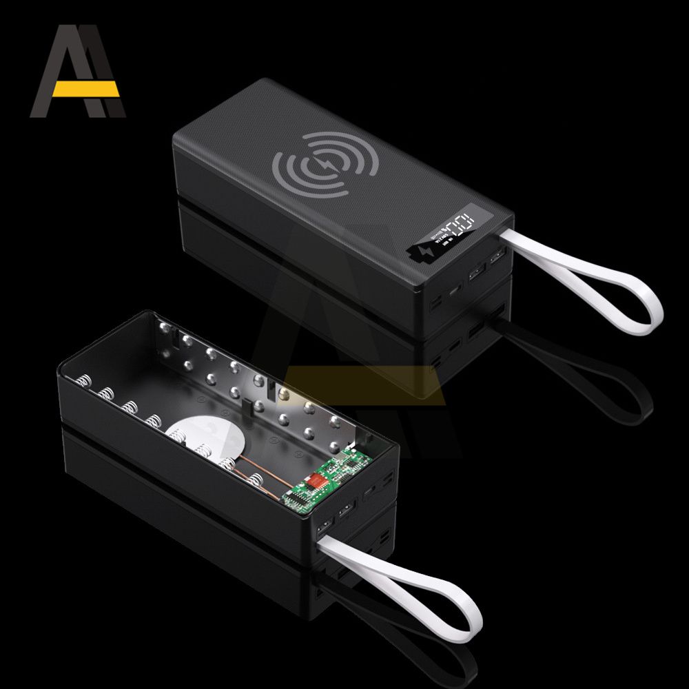 16*18650 Battery Storage Box PD QC3.0 USB 10W Fast Wireless Charging Power Welding Free Bank Case 18650 Battery Holder Box-Quick Wireless Black