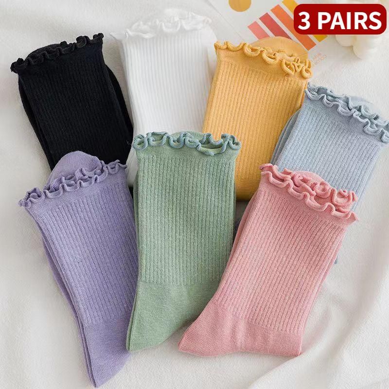 3 pair/lot women socks ruffle lace cute polyester cotton loose autumn winter knitting solid color breathable mid tube long sock