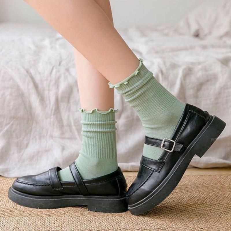 3 pair/lot women socks ruffle lace cute polyester cotton loose autumn winter knitting solid color breathable mid tube long sock