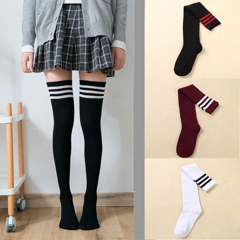 2 Pairs Women Sexy Stocking Socks High Over Knee Cotton Breathable Japanese Stripe Black White School Students Fashion Long Sock