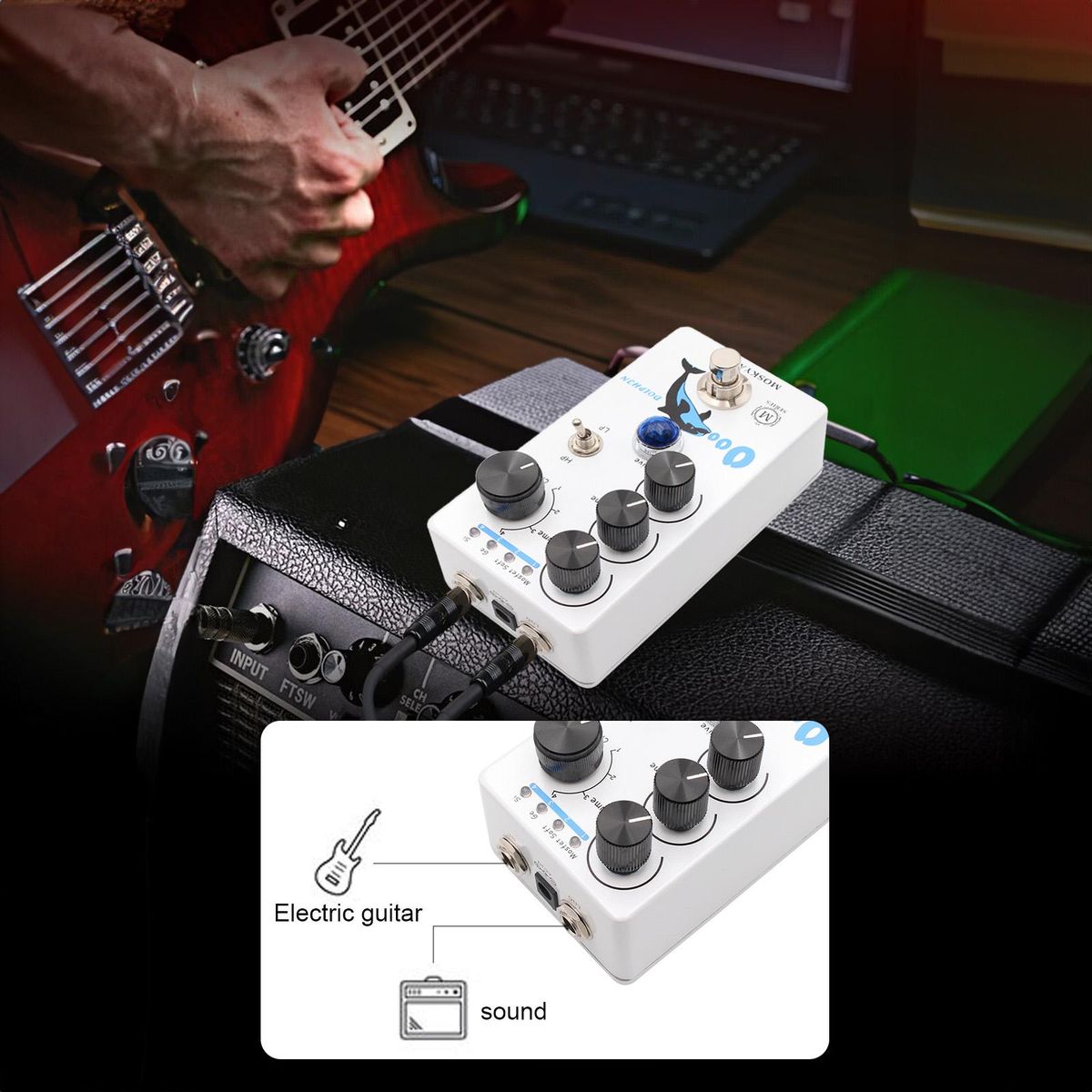 MOSKYAudio Distortion/Overdrive Guitar Effect Pedal 4 Mode Switch Volume/Tone/Drive Controls Compact Portable Digital Overdrive Guitar Effector Effect Processor for Electric Guitar - DOLPHIN