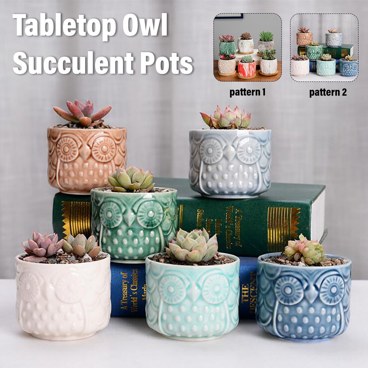 6 Pcs/Set Tabletop Owl Succulent Pots Ceramic Garden Flower Planter Holder Decor Pattern 1