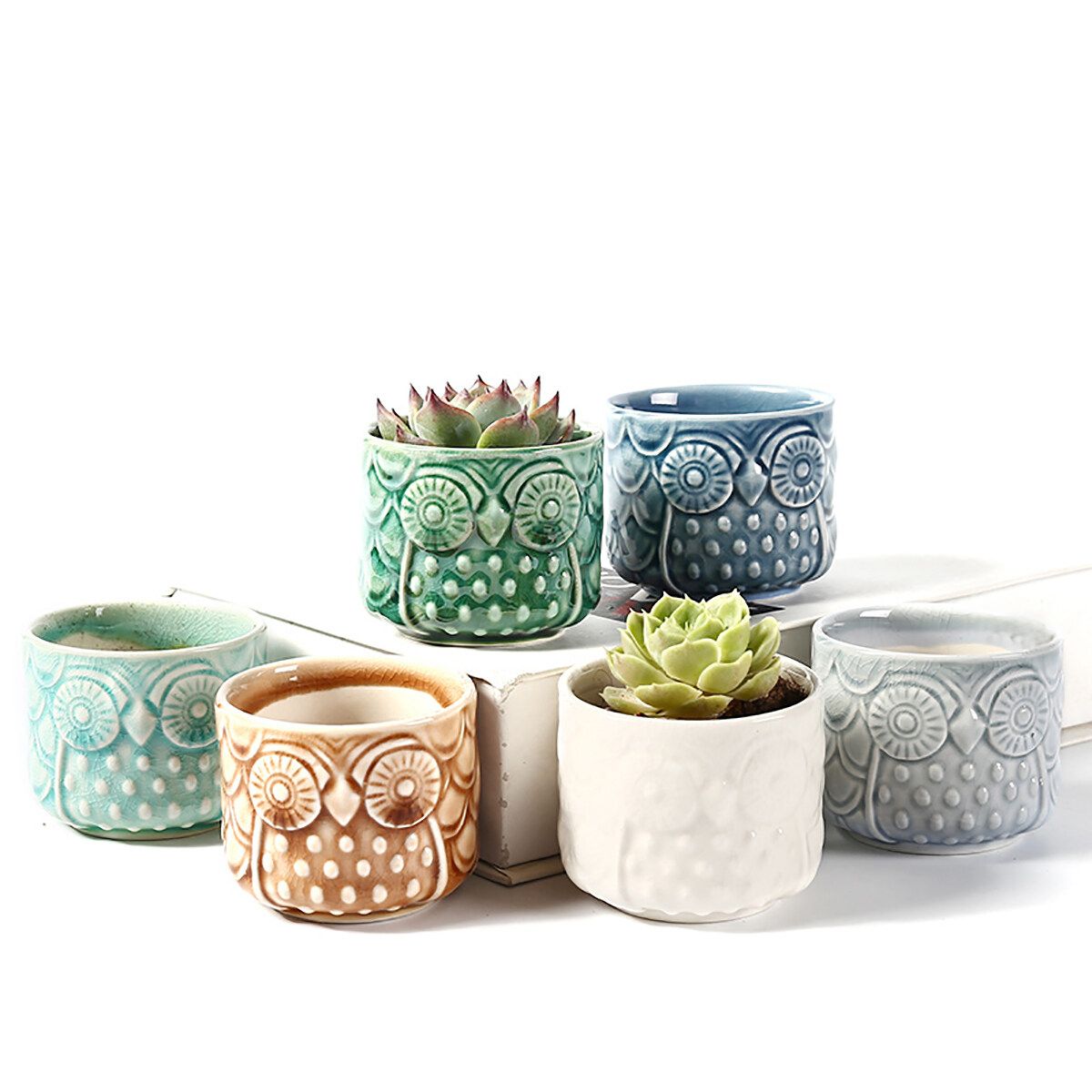 6 Pcs/Set Tabletop Owl Succulent Pots Ceramic Garden Flower Planter Holder Decor Pattern 1