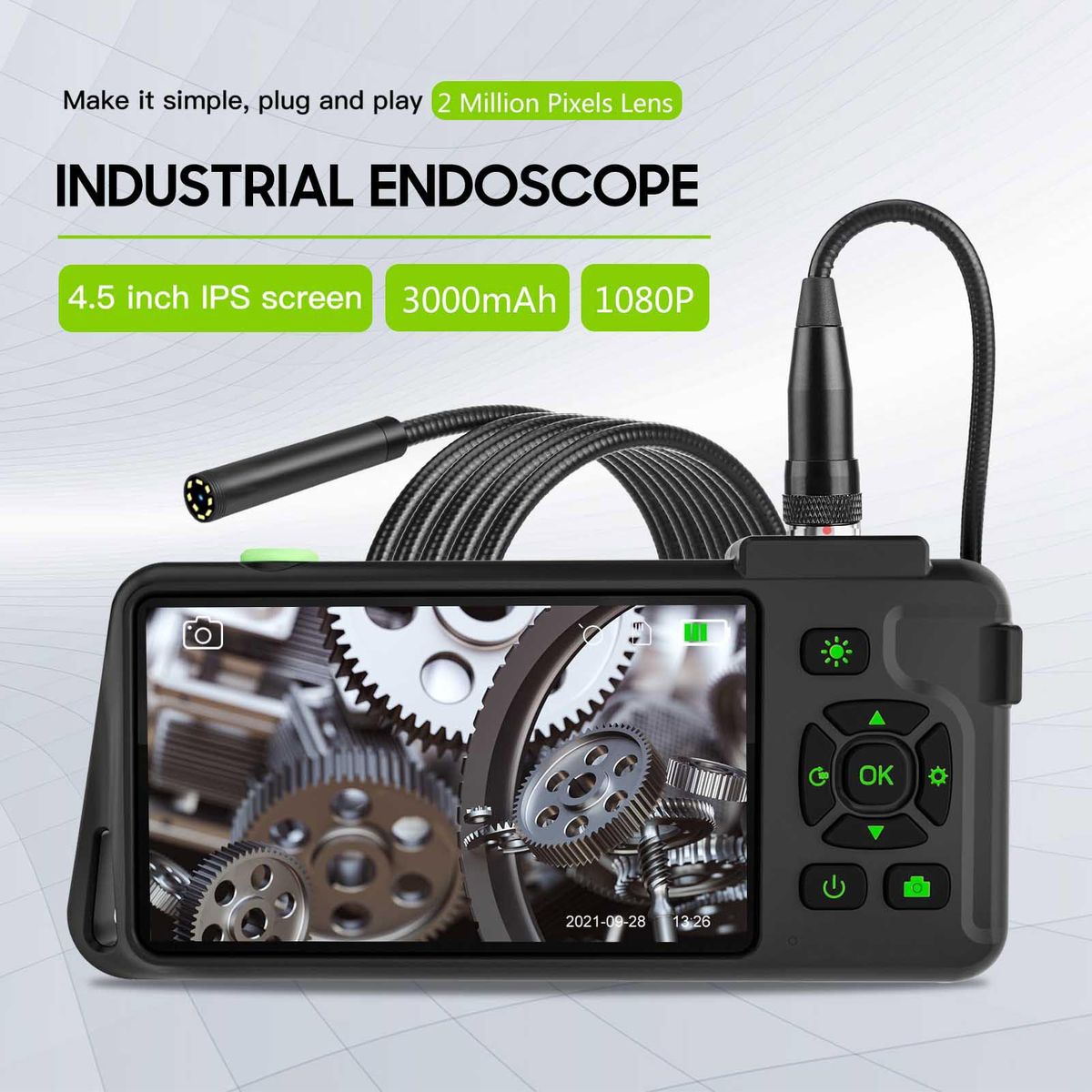 Industrial Endoscope with 4.5-inch IPS Color Display 1080P Photos Videos Snake Camera with 8 LED Lights Borescope IP67 Waterproof 2 Million Pixels Inspection Camera with TF Card Slot for Maintenance