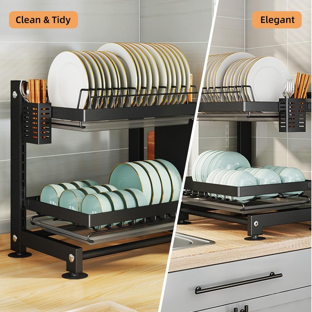 Height Adjustable Dish Drainer 2 Tier Large Dish Drying Rack with 2 Drainboards for Kitchen Counter Sink Organizer with Utensil Holder and 2in1 Cutting Board Holder