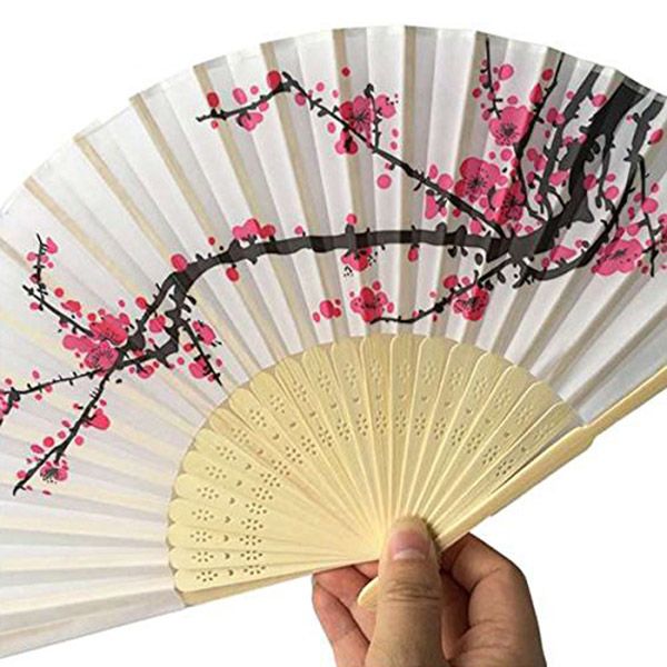 Wedding Bamboo Fan Hand Fan Plum 20pcs/lot Design Silk Elegant Bag Gift With Folding Flower White Organza
